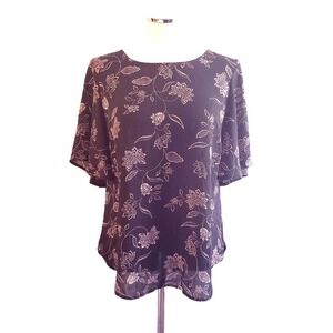 Le Chateau Blush Floral on Black Semi Sheer Blouse Women's Size‎ Medium